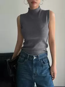DAZY Solid Mock Neck Ribbed Knit Tank Top,Fall Clothes - Grey - View 5