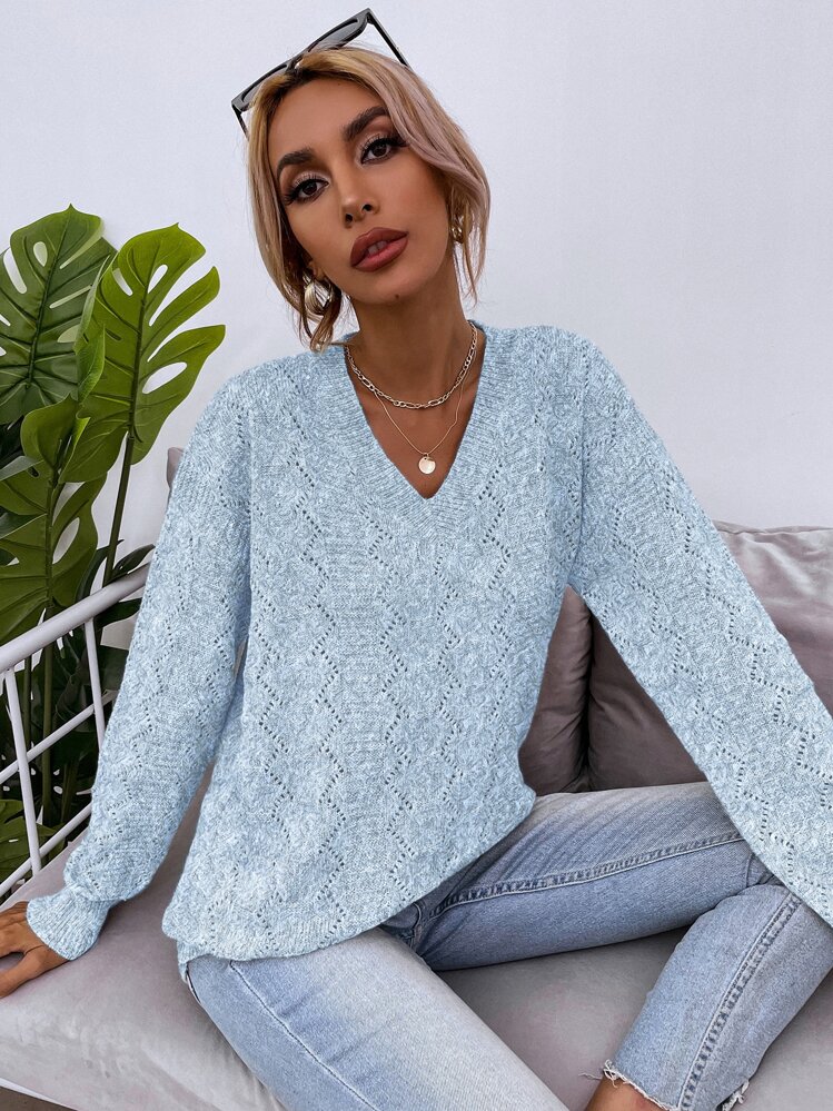 SHEIN LUNE Marled Knit Drop Shoulder Sweater,Long Sleeve Tops Knit Pullover Fall Winter Sweater - Baby Blue - View 6