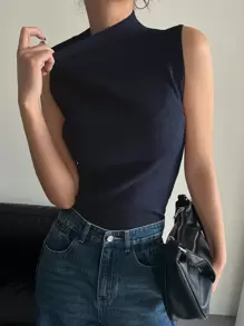 DAZY Chaleco de punto acanalado de cuello alto sólido, ropa de otoño
