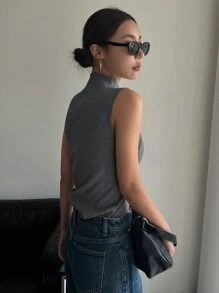 DAZY Solid Mock Neck Ribbed Knit Tank Top,Fall Clothes - Grey - View 3