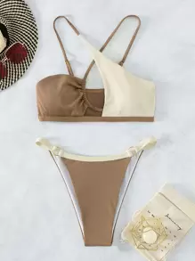 Swim Vcay Summer Beach Colorblock Rib-Knit Ring Linked Bikini Set Bathing Suit - Multicolor - View 1