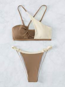 Swim Vcay Summer Beach Colorblock Rib-Knit Ring Linked Bikini Set Bathing Suit - Multicolor - View 7