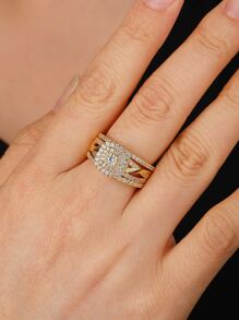 3 件時尚鋯石主環和副環套裝 - 金黃色 - 查看 3