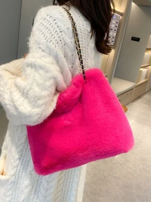 Neon-pink Chain Fuzzy Shoulder Tote Bag - Hot Pink - View 2