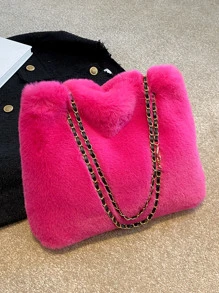 Neon-pink Chain Fuzzy Shoulder Tote Bag - Hot Pink - View 1