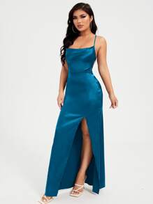 SHEIN SXY 露背繫帶高衩洋裝 - 水鴨藍 - 查看 3