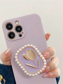 Ốp lưng điện thoại hình hoa tulip đính ngọc trai giả, tương thích với iPhone 15 Pro Max, và S23. - Màu tím - Xem 3