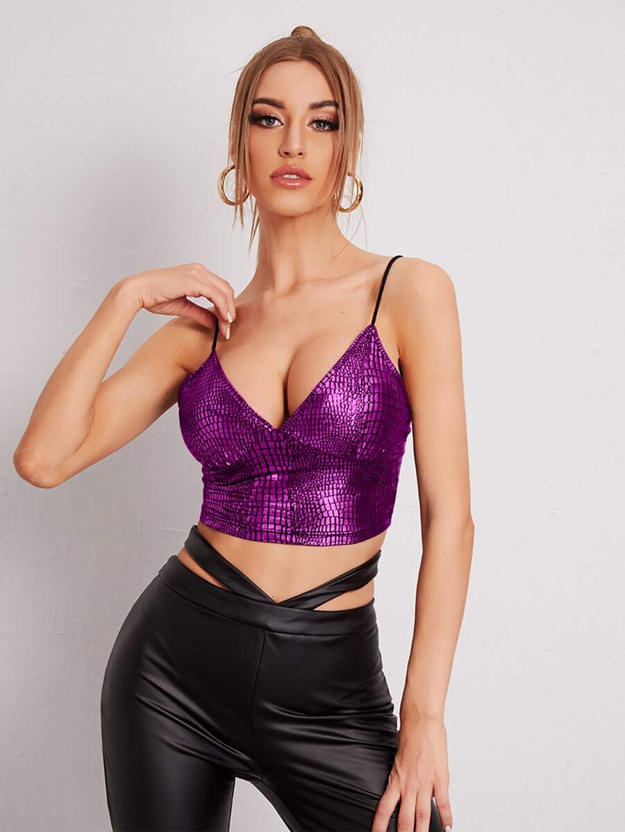 SHEIN Privé 鱷魚壓紋吊帶短上衣 - 紫色 - 查看 1