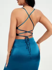 SHEIN SXY 露背繫帶高衩洋裝 - 水鴨藍 - 查看 6