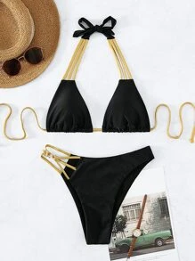 SHEIN Swim Strappy Cut-Out Halter Triangle Bikini Set,Summer Beach - Black - View 5