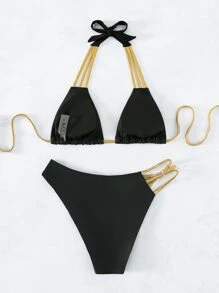 SHEIN Swim Strappy Cut-Out Halter Triangle Bikini Set,Summer Beach - Black - View 2
