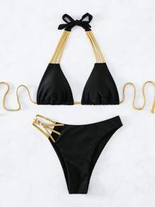 SHEIN Swim Strappy Cut-Out Halter Triangle Bikini Set,Summer Beach - Black - View 3