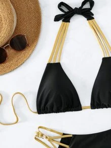 SHEIN Swim Strappy Cut-Out Halter Triangle Bikini Set,Summer Beach - Black - View 4