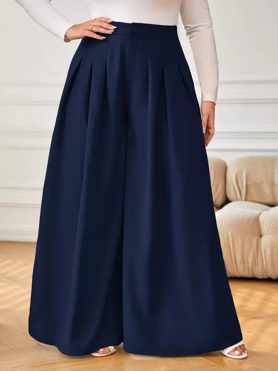 SHEIN Privé Plus High Waist Plicated Detail Wide Leg Trousers - Navy Blue - View 1