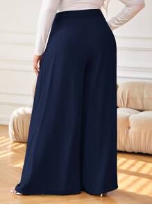 SHEIN Privé Plus High Waist Plicated Detail Wide Leg Trousers - Navy Blue - View 2