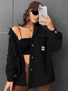 SHEIN EZwear 秋冬灯芯绒字母贴片翻盖口袋夹克