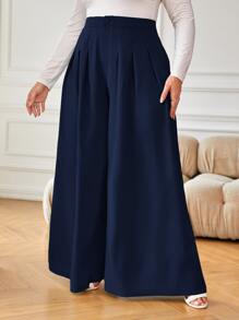 SHEIN Privé Plus High Waist Plicated Detail Wide Leg Trousers - Navy Blue - View 4