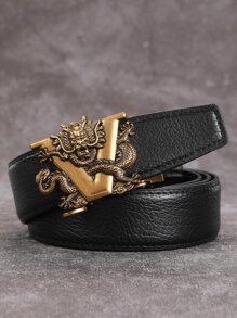 男士中國龍和字母裝飾自動扣皮帶 - 黑色 - 查看 1