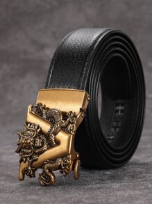 男士中國龍和字母裝飾自動扣皮帶 - 黑色 - 查看 2
