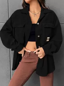 SHEIN EZwear 秋冬灯芯绒字母贴片翻盖口袋夹克