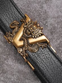 男士中國龍和字母裝飾自動扣皮帶 - 黑色 - 查看 4