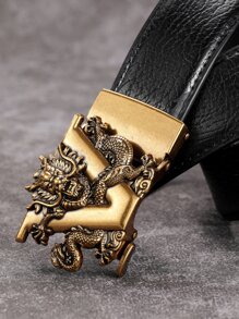 男士中國龍和字母裝飾自動扣皮帶 - 黑色 - 查看 3