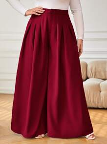 SHEIN Privé Plus High Waist Plicated Detail Wide Leg Pants - Burgundy - View 1