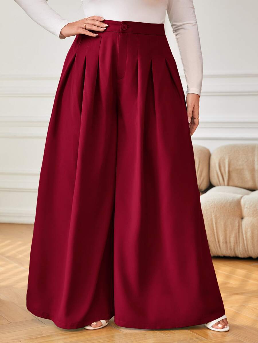 SHEIN Privé Plus High Waist Plicated Detail Wide Leg Pants - Burgundy - View 1