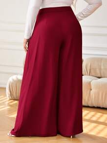 SHEIN Privé Plus High Waist Plicated Detail Wide Leg Pants - Burgundy - View 2