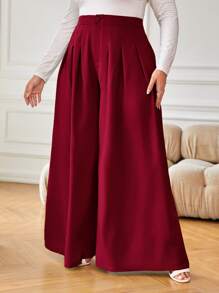 SHEIN Privé Plus High Waist Plicated Detail Wide Leg Pants - Burgundy - View 3