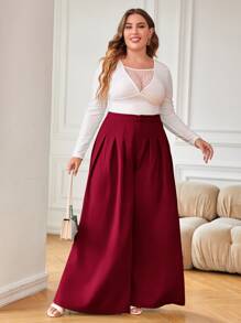 SHEIN Privé Plus High Waist Plicated Detail Wide Leg Pants - Burgundy - View 4