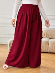 SHEIN Privé Plus High Waist Plicated Detail Wide Leg Pants - Burgundy - View 5