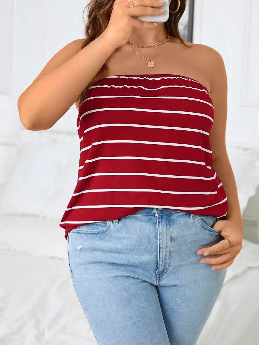 SHEIN Essnce áo nữ kích thước lớn Sọc Giải trí - Màu Đỏ Sâu - Xem 1