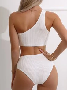 SHEIN Swim Rib Ring Linked One Shoulder Summer Beach Bikini Set - White - View 2