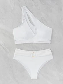 SHEIN Swim Rib Ring Linked One Shoulder Summer Beach Bikini Set - White - View 6