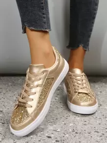 Metallic Glitter Lace-up Front Skate Shoes - Gold - View 1