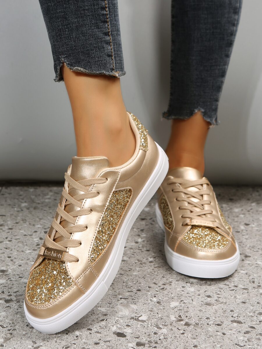 Metallic Glitter Lace-up Front Skate Shoes - Gold - View 1