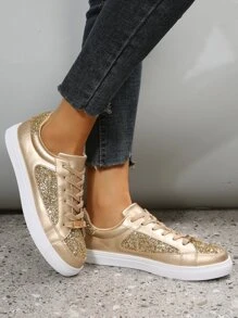 Metallic Glitter Lace-up Front Skate Shoes - Gold - View 2