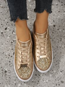 Metallic Glitter Lace-up Front Skate Shoes - Gold - View 3