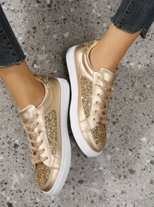 Metallic Glitter Lace-up Front Skate Shoes - Gold - View 5