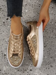 Metallic Glitter Lace-up Front Skate Shoes - Gold - View 6