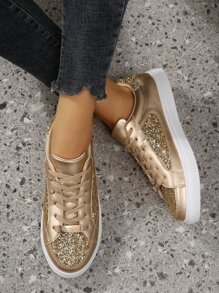 Metallic Glitter Lace-up Front Skate Shoes - Gold - View 7