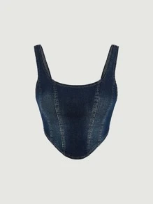 SHEIN MOD High Low Hem Grommet Lace Up Backless Denim Tank Top - Dark Wash - View 1