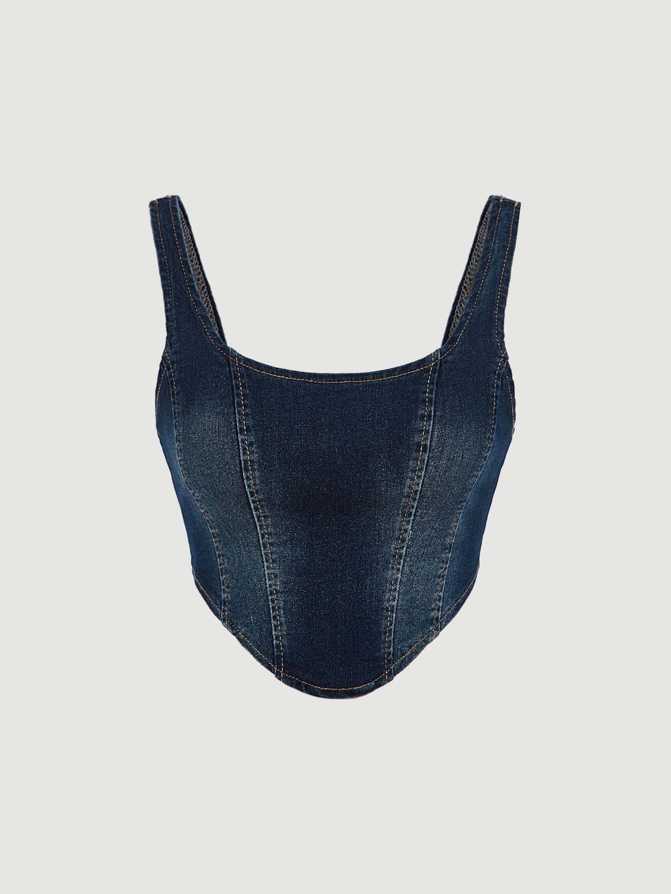 SHEIN MOD High Low Hem Grommet Lace Up Backless Denim Tank Top - Dark Wash - View 1