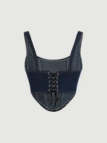 SHEIN MOD High Low Hem Grommet Lace Up Backless Denim Tank Top - Dark Wash - View 2