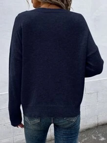 SHEIN LUNE Áo len chui đầu dệt kim kiểu Pointelle vai rớt, thích hợp cho mùa thu đông. - Màu xanh hải quân - Xem 2