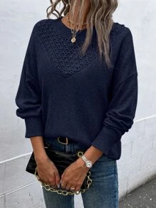 SHEIN LUNE Áo len chui đầu dệt kim kiểu Pointelle vai rớt, thích hợp cho mùa thu đông. - Màu xanh hải quân - Xem 3