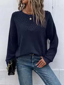 SHEIN LUNE Áo len chui đầu dệt kim kiểu Pointelle vai rớt, thích hợp cho mùa thu đông. - Màu xanh hải quân - Xem 4