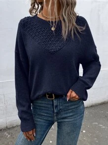 SHEIN LUNE Áo len chui đầu dệt kim kiểu Pointelle vai rớt, thích hợp cho mùa thu đông. - Màu xanh hải quân - Xem 5