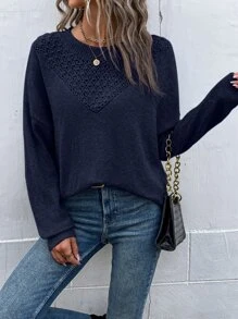 SHEIN LUNE Áo len chui đầu dệt kim kiểu Pointelle vai rớt, thích hợp cho mùa thu đông. - Màu xanh hải quân - Xem 6